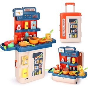 4-in-1 Mobile Kitchen Playset 41PCS Travel Luggage Cooking Toddlers Girls Boys
